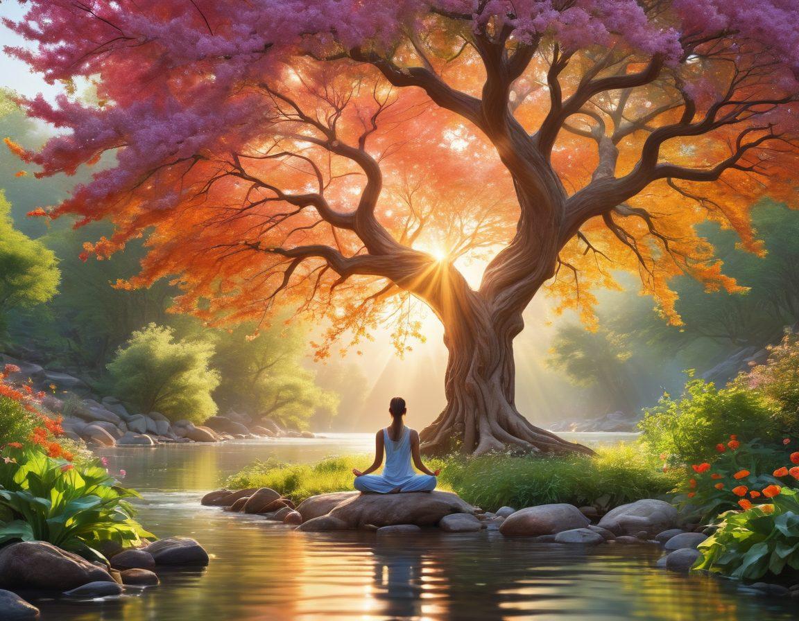 A serene scene of a person meditating under a large, blossoming tree with an aura of light around them, surrounded by various symbols of health like a heart, brain, and vegetables. Include a flowing river in the background symbolizing life. vibrant colors. super-realistic.
