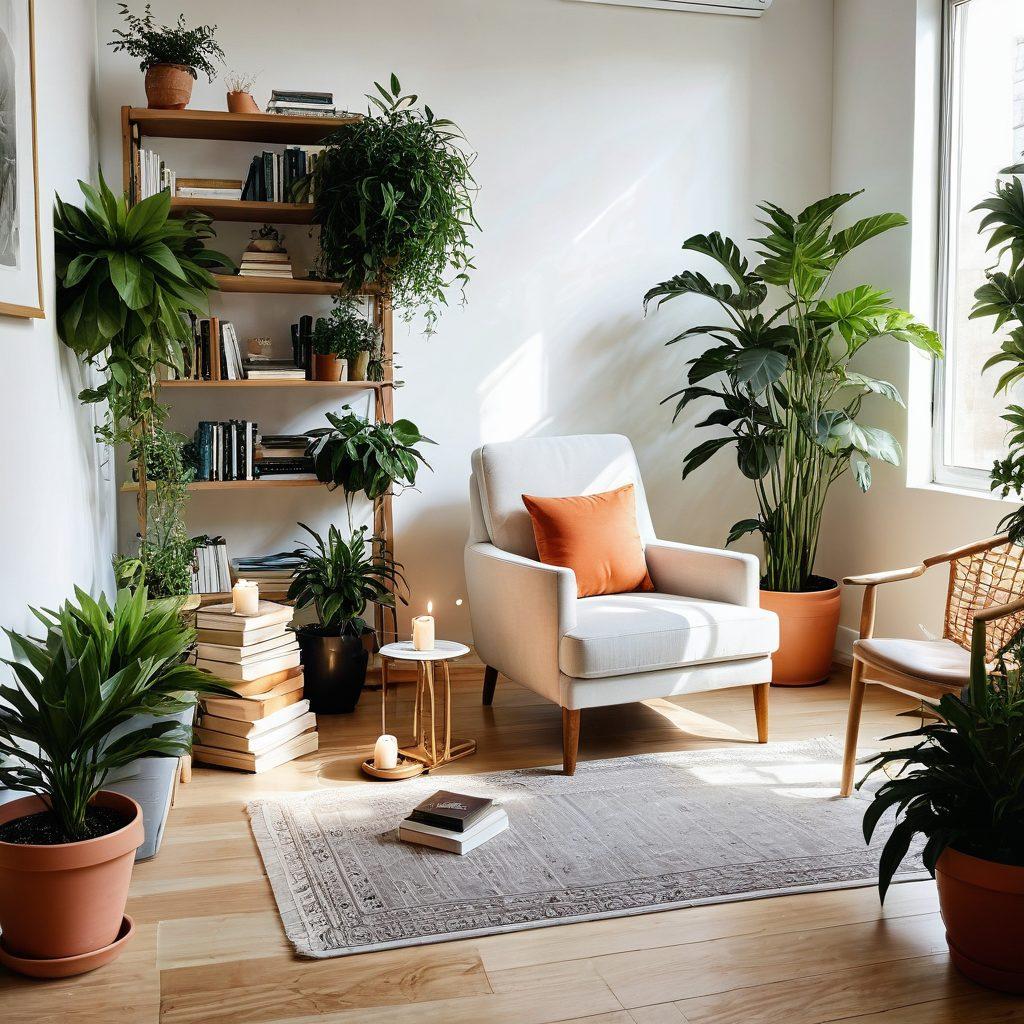 A serene, sunlit room with a comfy armchair, a person meditating on a yoga mat, surrounded by soft plants, books, and soothing candles. Includes elements like a journal and a cup of herbal tea, with an aura of tranquility and inner peace. super-realistic. vibrant colors. white background.