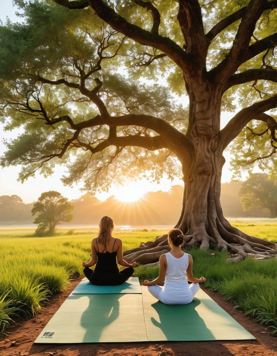 A serene outdoor setting with a sunrise over lush green fields, a person meditating under a large, ancient tree, surrounded by symbols of holistic practices like yoga mats, herbal teas, essential oils, and crystals. Butterflies flutter peacefully, and a gentle stream glistens in the background. super-realistic. vibrant colors. natural lighting.